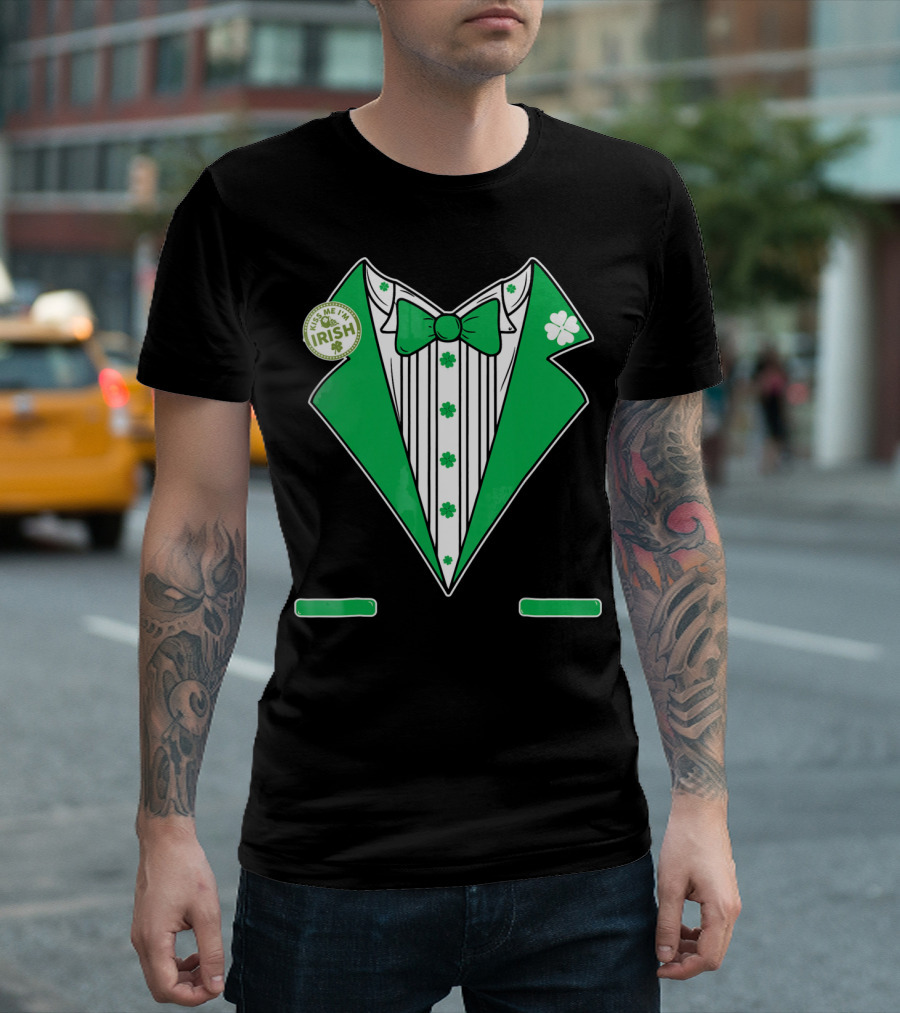 St. Patricks Day Tux Green Kiss Me I'm Irish Bow Tie Four-Leaf Clover T-Shirt
