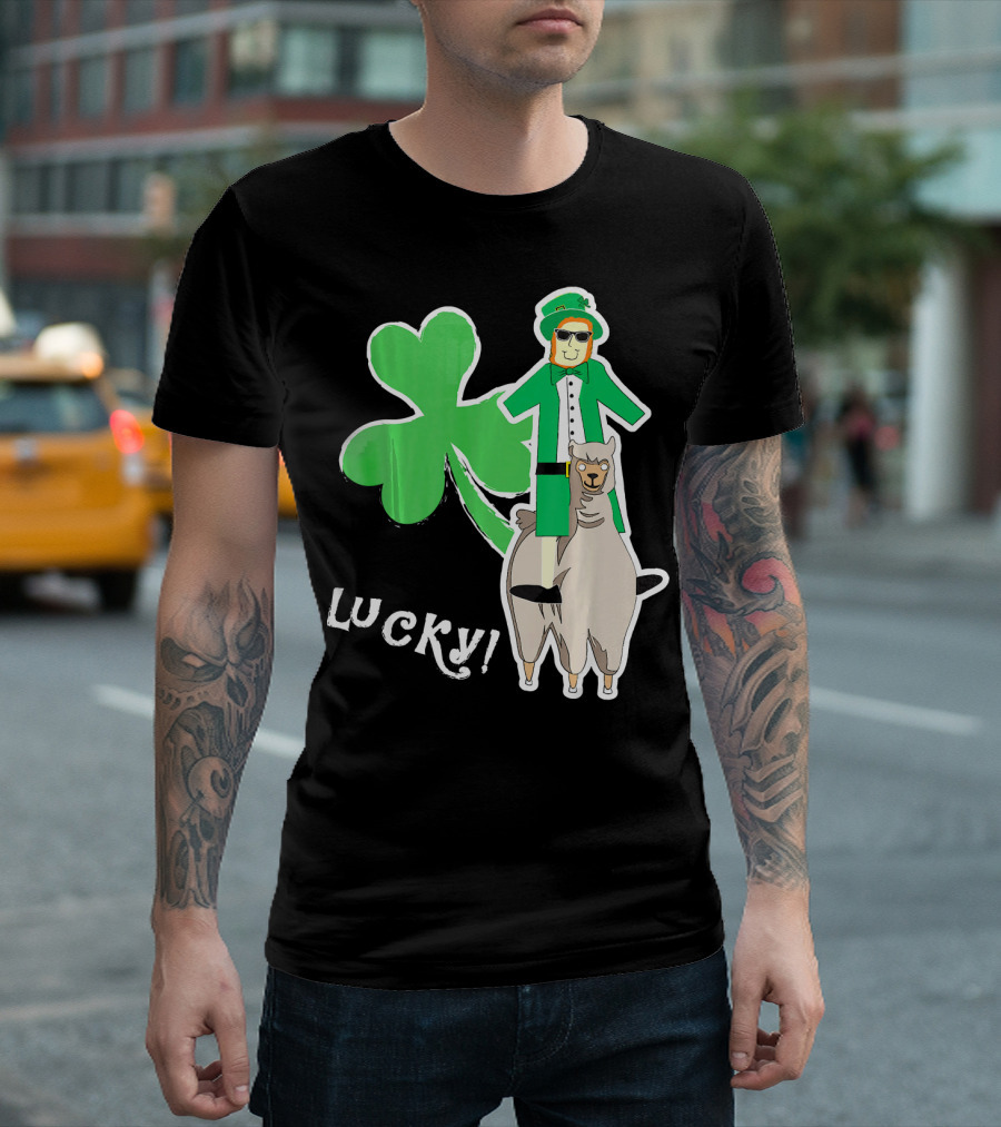 Lucky Leprechaun Riding Llama With Shamrock Irish T-Shirt