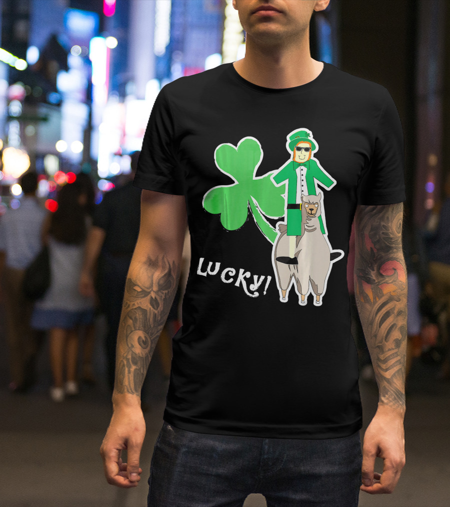 Lucky Leprechaun Riding Llama With Shamrock Irish T-Shirt