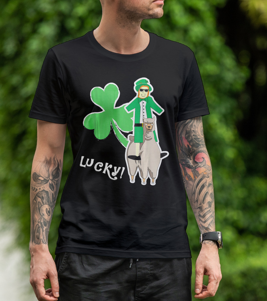Lucky Leprechaun Riding Llama With Shamrock Irish T-Shirt