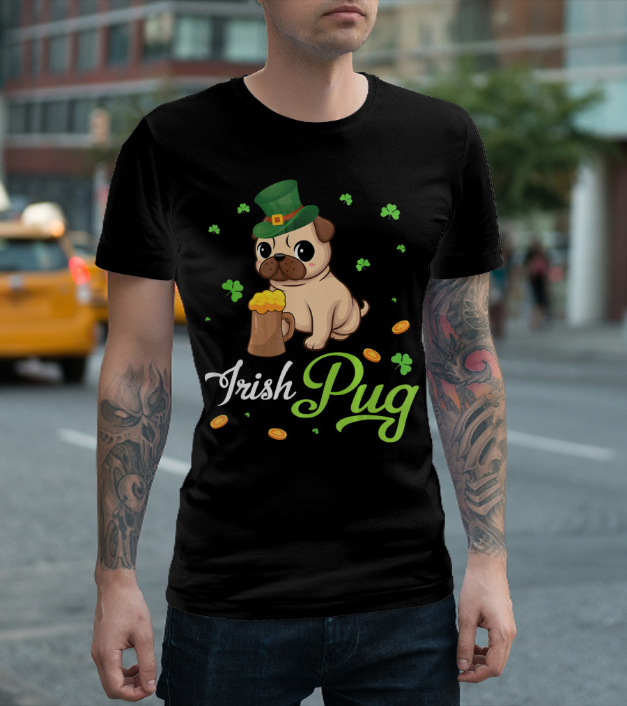Irish Pug Shamrocks Hat Beer Coins T-Shirt