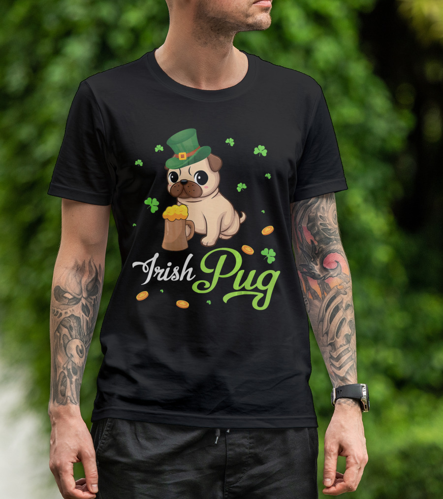 Irish Pug Shamrocks Hat Beer Coins T-Shirt