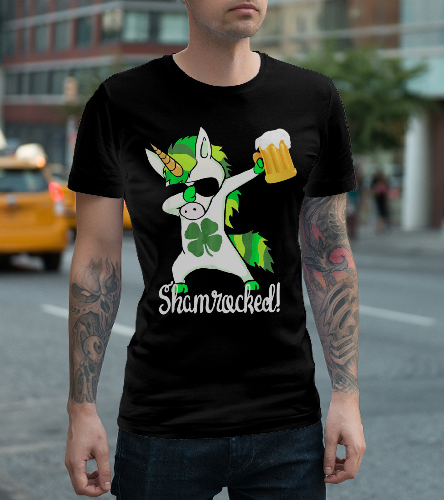 Shamrocked Funny St. Patrick's Day Unicorn with Beer Mug T-Shirt