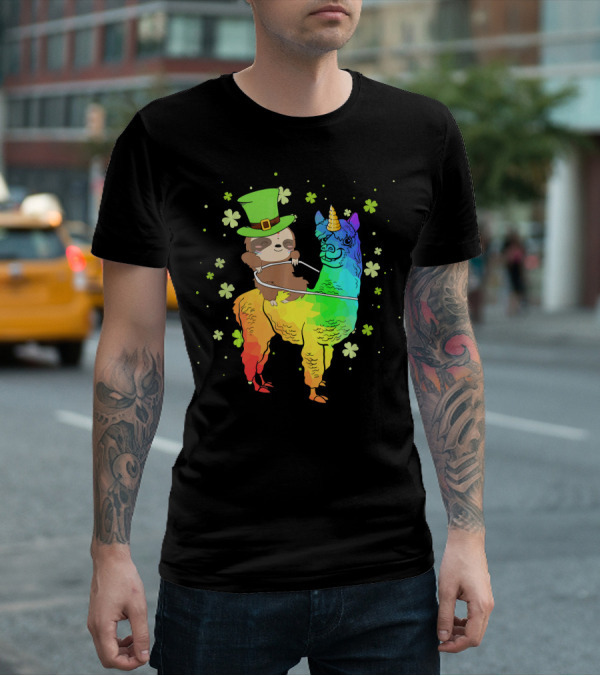 Leprechaun Sloth Riding Rainbow Llama Unicorn St Patrick's Clover T-Shirt