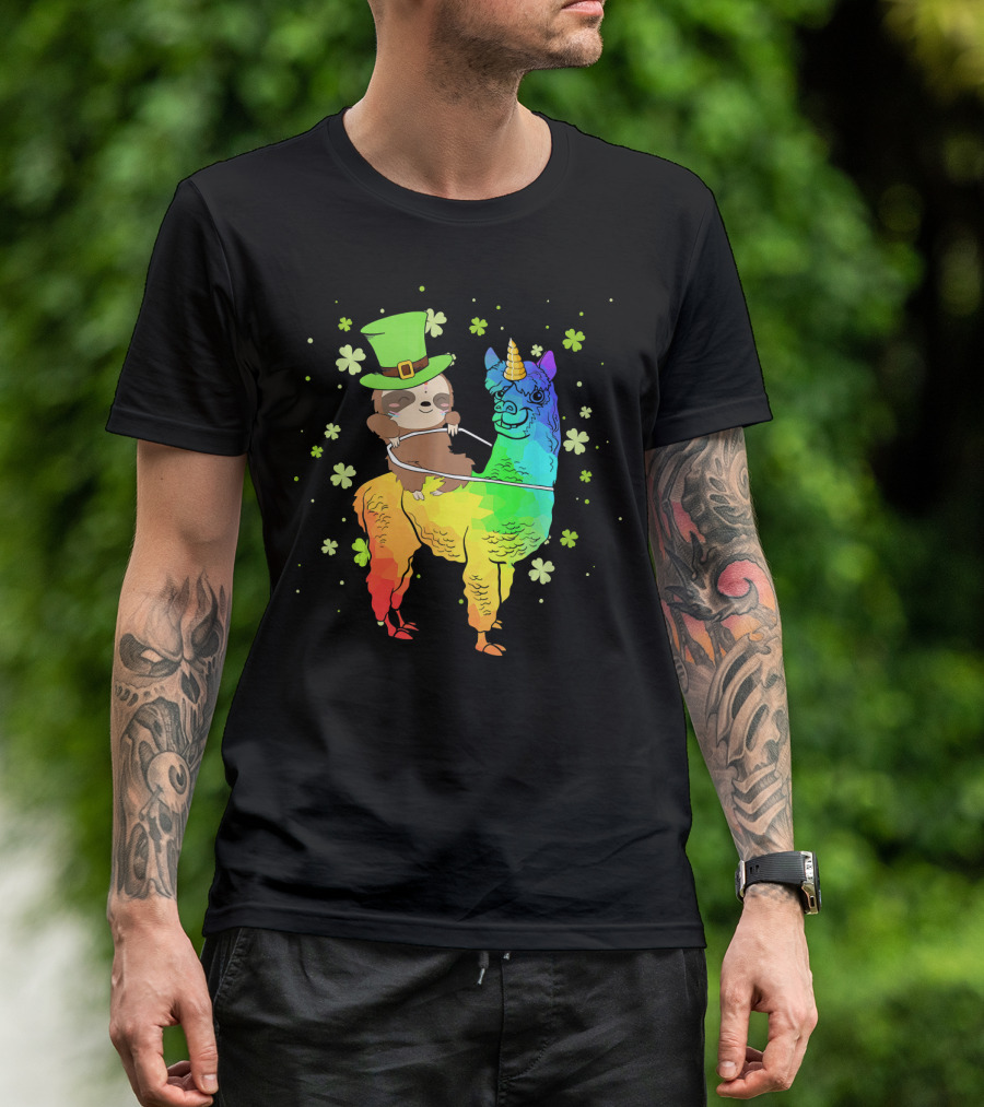 Leprechaun Sloth Riding Rainbow Llama Unicorn St Patrick's Clover T-Shirt