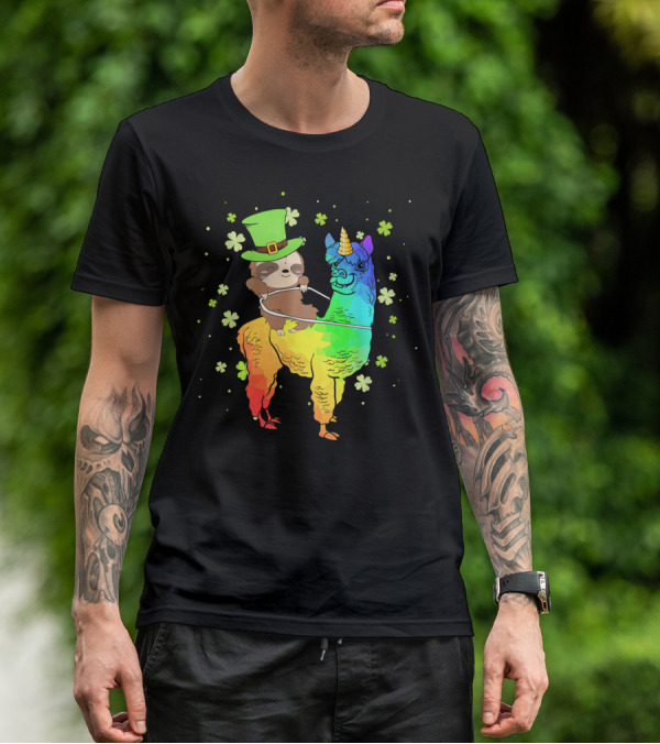 Leprechaun Sloth Riding Rainbow Llama Unicorn St Patrick's Clover T-Shirt