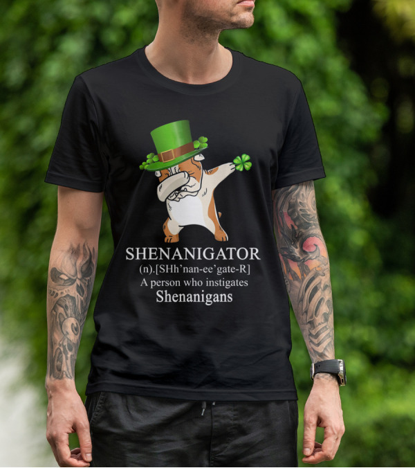 Shenanigator Dabbing Bulldog Instigates Shenanigans With Shamrock Hat T-Shirt