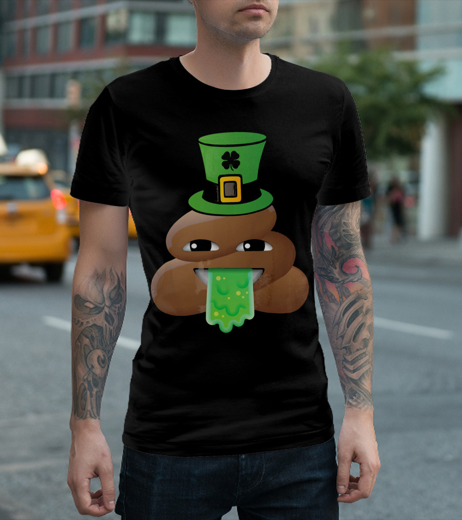 St Patricks Day Funny Leprechaun Poop Emoji Hat And Green Slime Tongue T-Shirt