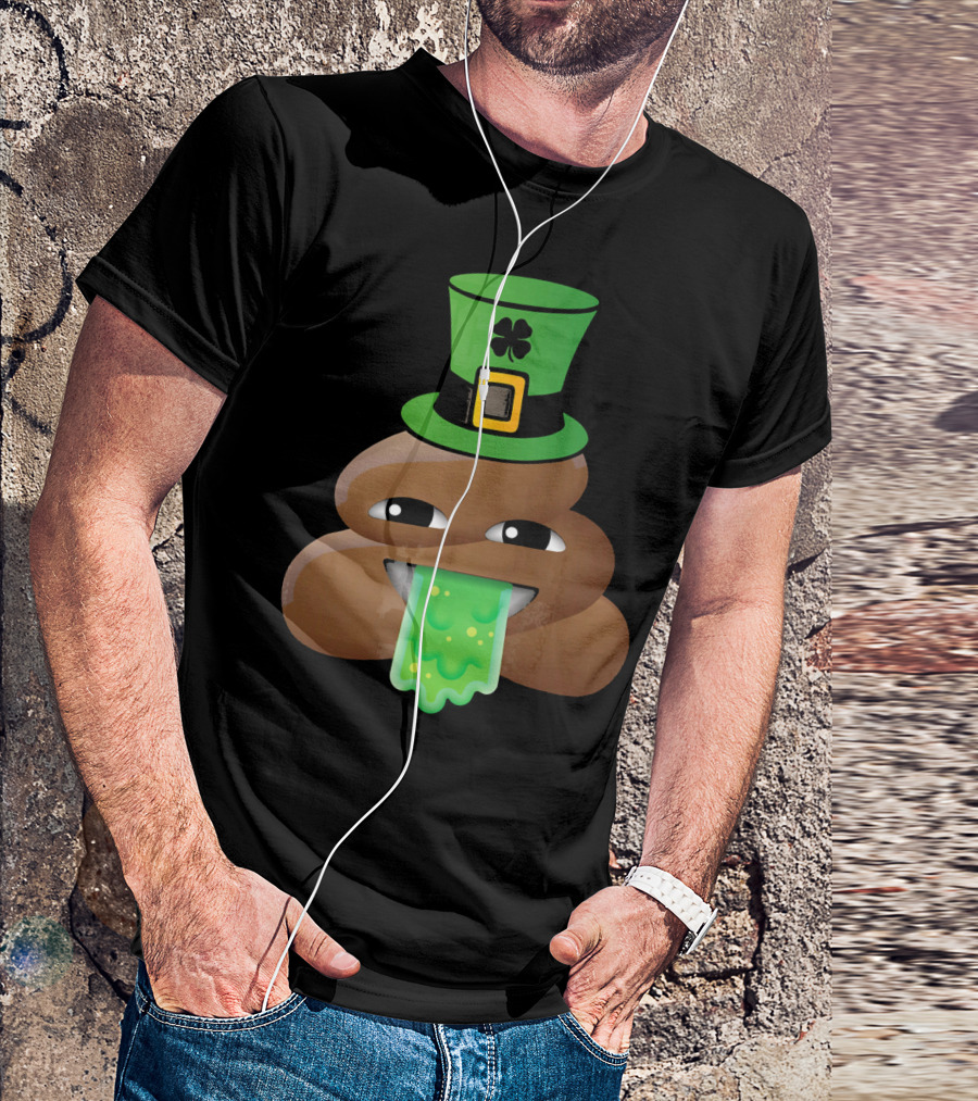 St Patricks Day Funny Leprechaun Poop Emoji Hat And Green Slime Tongue T-Shirt