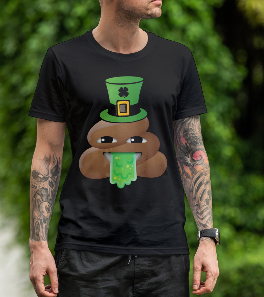 St Patricks Day Funny Leprechaun Poop Emoji Hat And Green Slime Tongue T-Shirt
