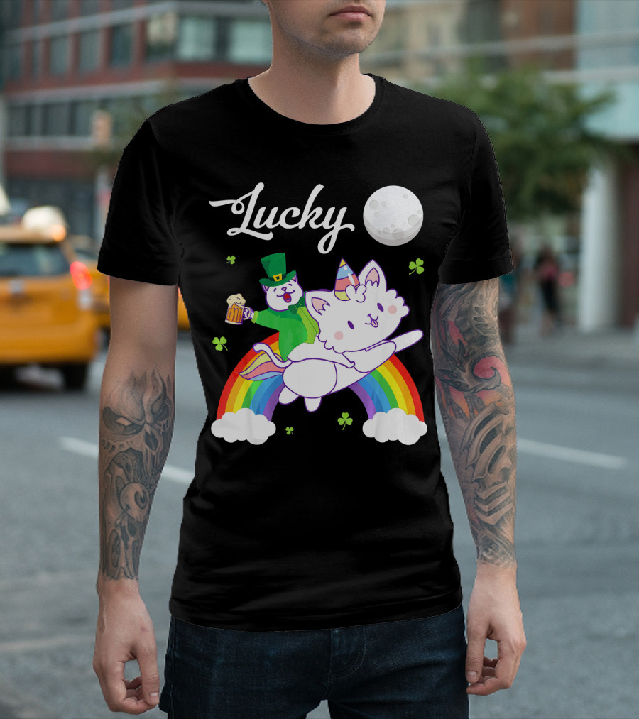 Lucky Leprechaun Cat Riding Unicorn Cat Over Rainbow With Beer And Moon T-Shirt
