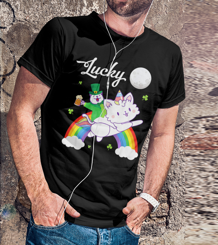 Lucky Leprechaun Cat Riding Unicorn Cat Over Rainbow With Beer And Moon T-Shirt