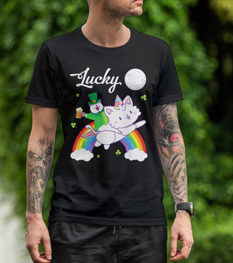 Lucky Leprechaun Cat Riding Unicorn Cat Over Rainbow With Beer And Moon T-Shirt