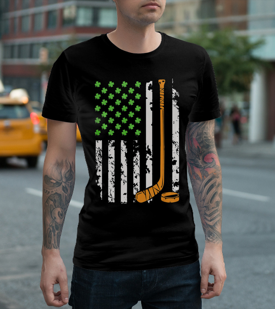 Irish American Hockey Sticks And Shamrocks Flag T-Shirt