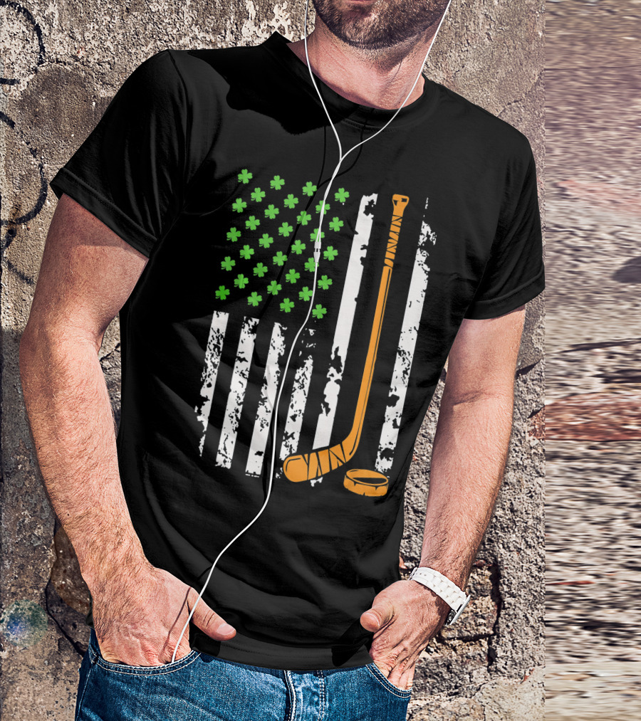Irish American Hockey Sticks And Shamrocks Flag T-Shirt