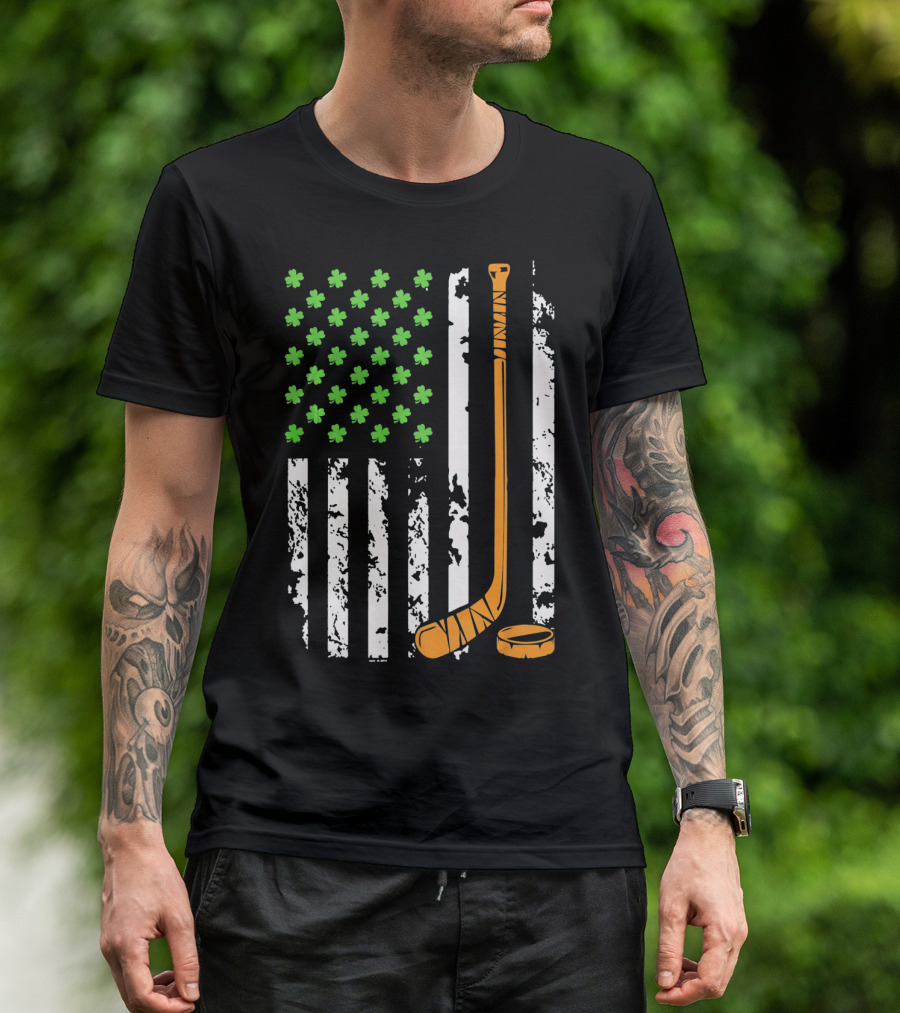 Irish American Hockey Sticks And Shamrocks Flag T-Shirt
