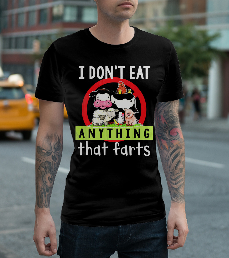 I Don't Eat Anything That Farts Vegetaria Cow Sheep Pig Chicken Cartoon T-Shirt
