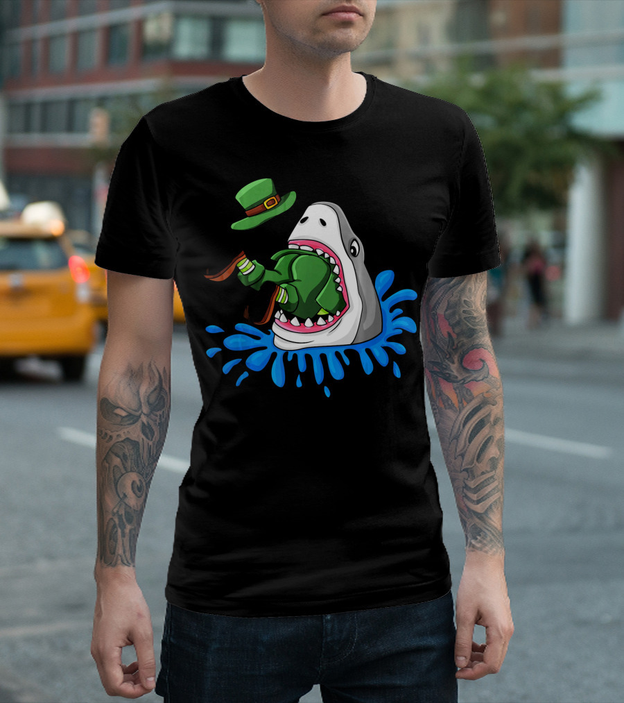 Shark Swallowing Green Leprechaun Hat Splashing Water T-Shirt