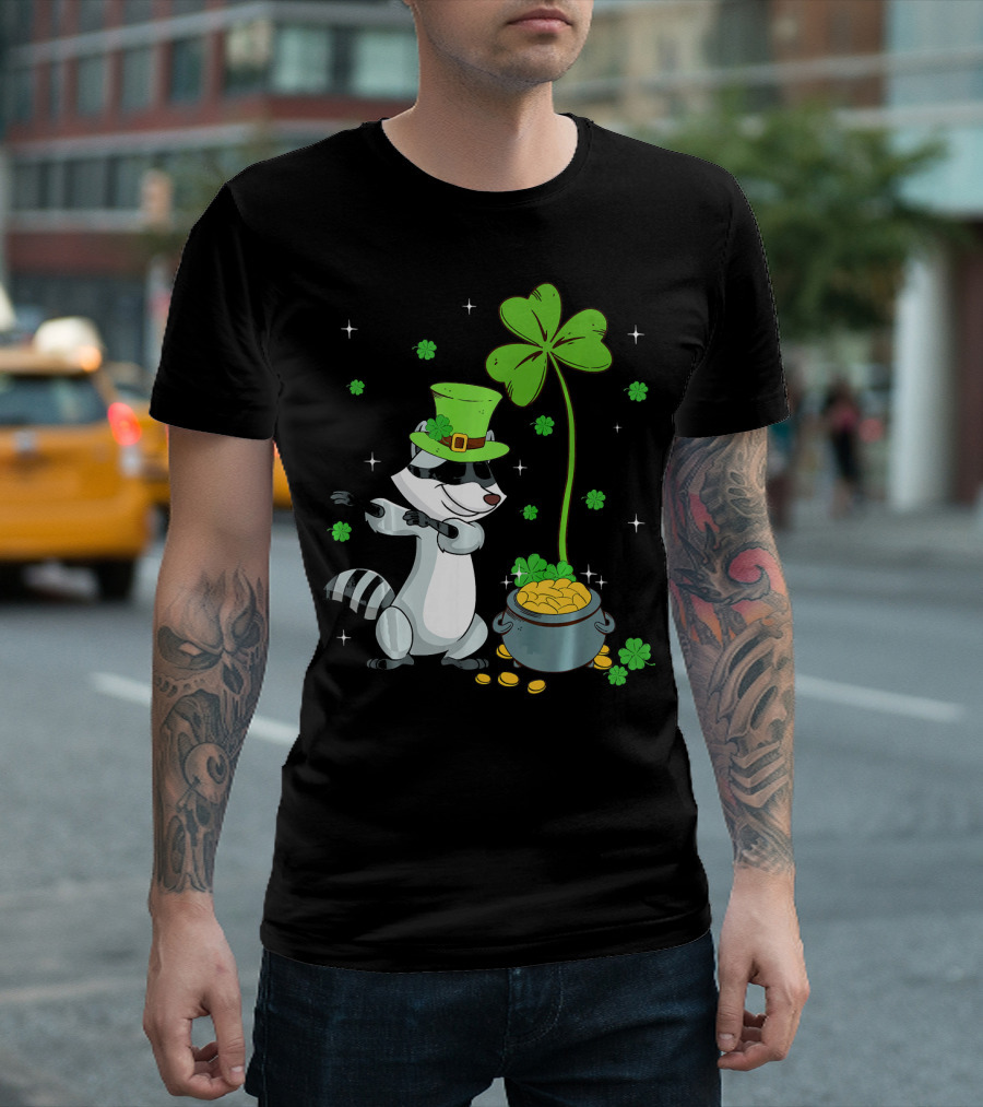 Shamrock Leprechaun Raccoon with Pot of Gold and Clover St Patricks T-Shirt