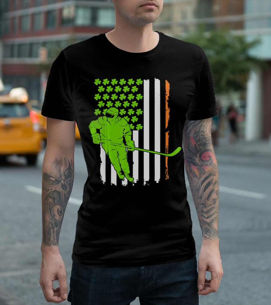 Irish American Flag St Pat Hockey Player Shamrock Stars T-Shirt