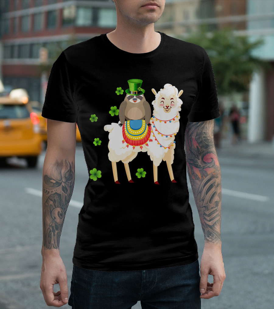 Leprechaun Sloth Riding Llama St Patrick's Day with Shamrocks T-Shirt