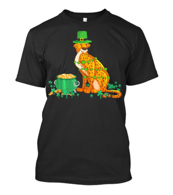 Leprechaun Cheetah Covered In Shamrocks With Pot Of Gold T-Shirt