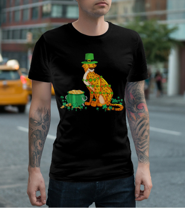 Leprechaun Cheetah Covered In Shamrocks With Pot Of Gold T-Shirt
