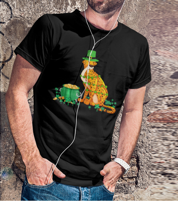 Leprechaun Cheetah Covered In Shamrocks With Pot Of Gold T-Shirt