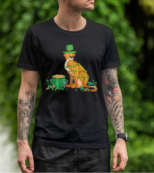 Leprechaun Cheetah Covered In Shamrocks With Pot Of Gold T-Shirt