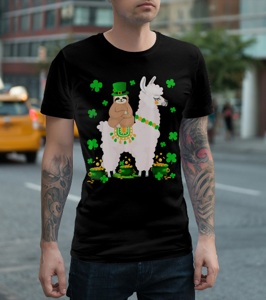 Leprechaun Sloth Riding Llama Surrounded by Shamrocks and Gold Coins St. Patric T-Shirt