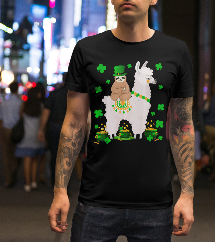 Leprechaun Sloth Riding Llama Surrounded By Shamrocks And Gold Coins St. Patric T-Shirt