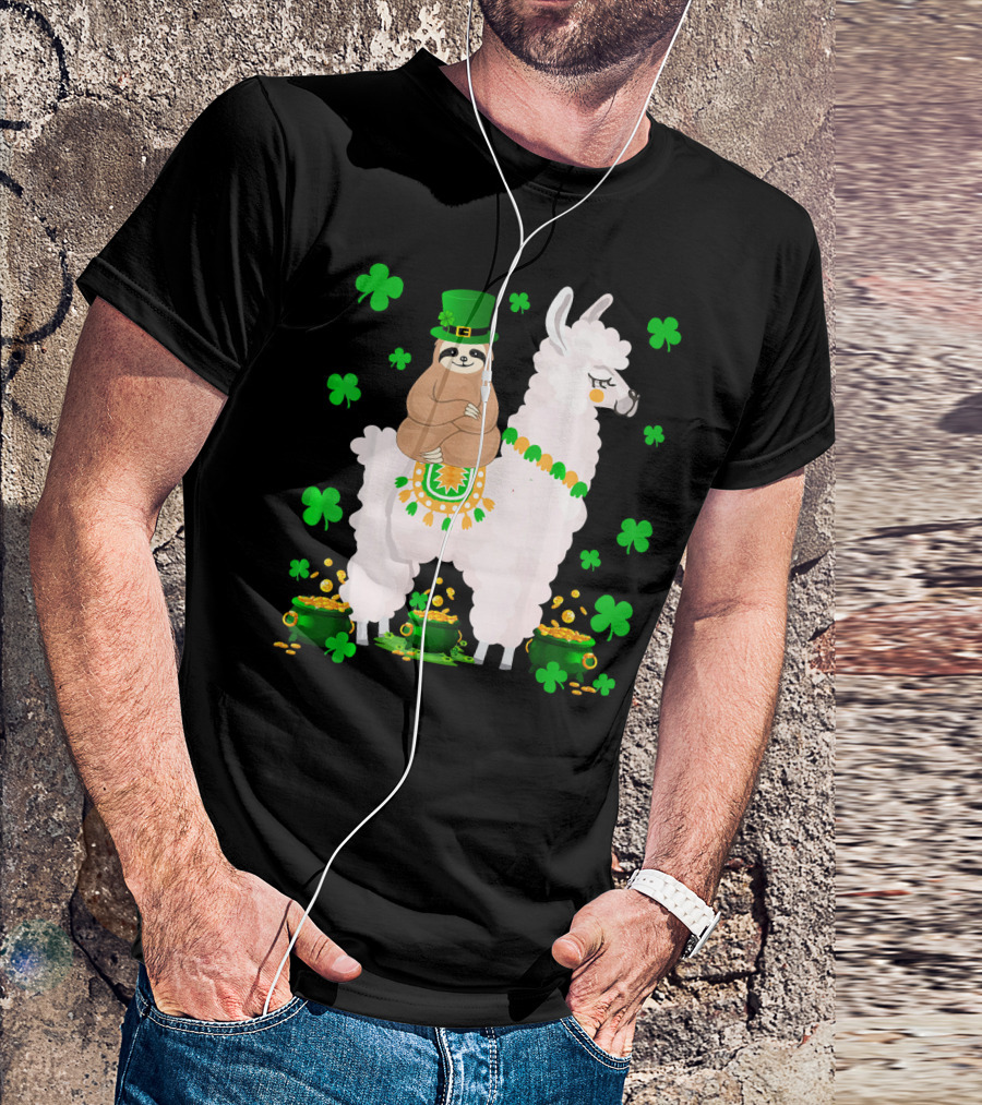Leprechaun Sloth Riding Llama Surrounded By Shamrocks And Gold Coins St. Patric T-Shirt