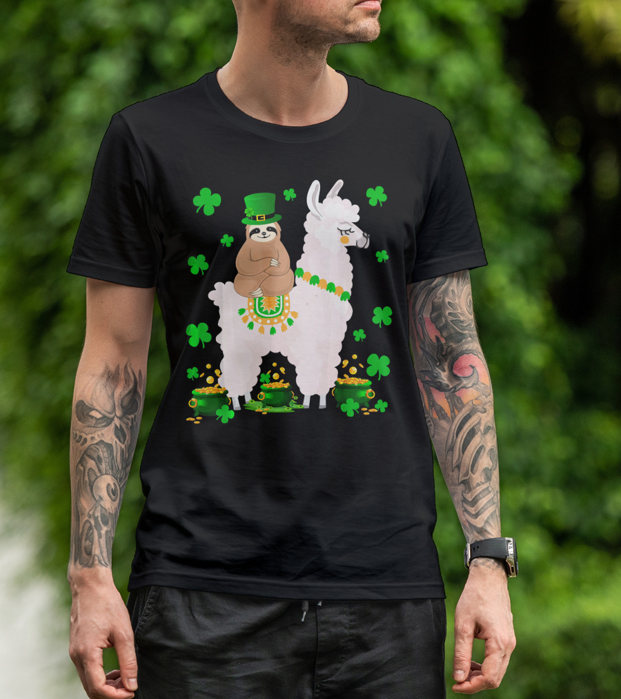 Leprechaun Sloth Riding Llama Surrounded By Shamrocks And Gold Coins St. Patric T-Shirt