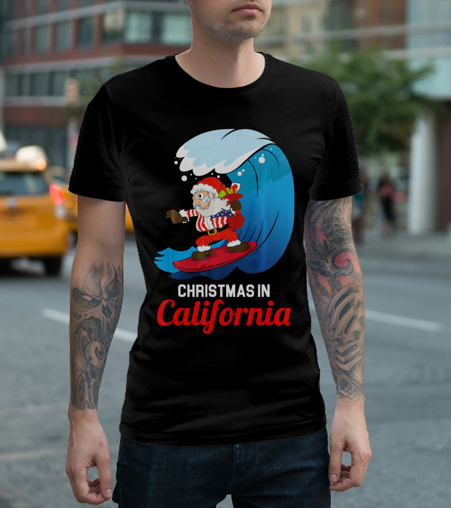 Santa Surfing Christmas in California T-Shirt