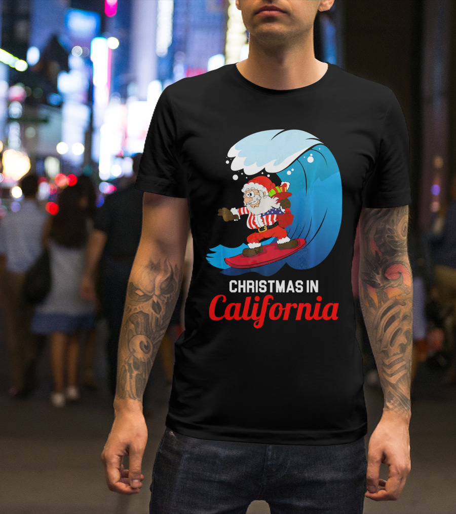 Santa Surfing Christmas In California T-Shirt