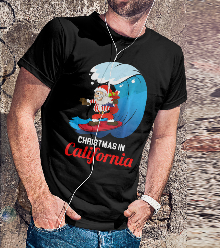 Santa Surfing Christmas In California T-Shirt