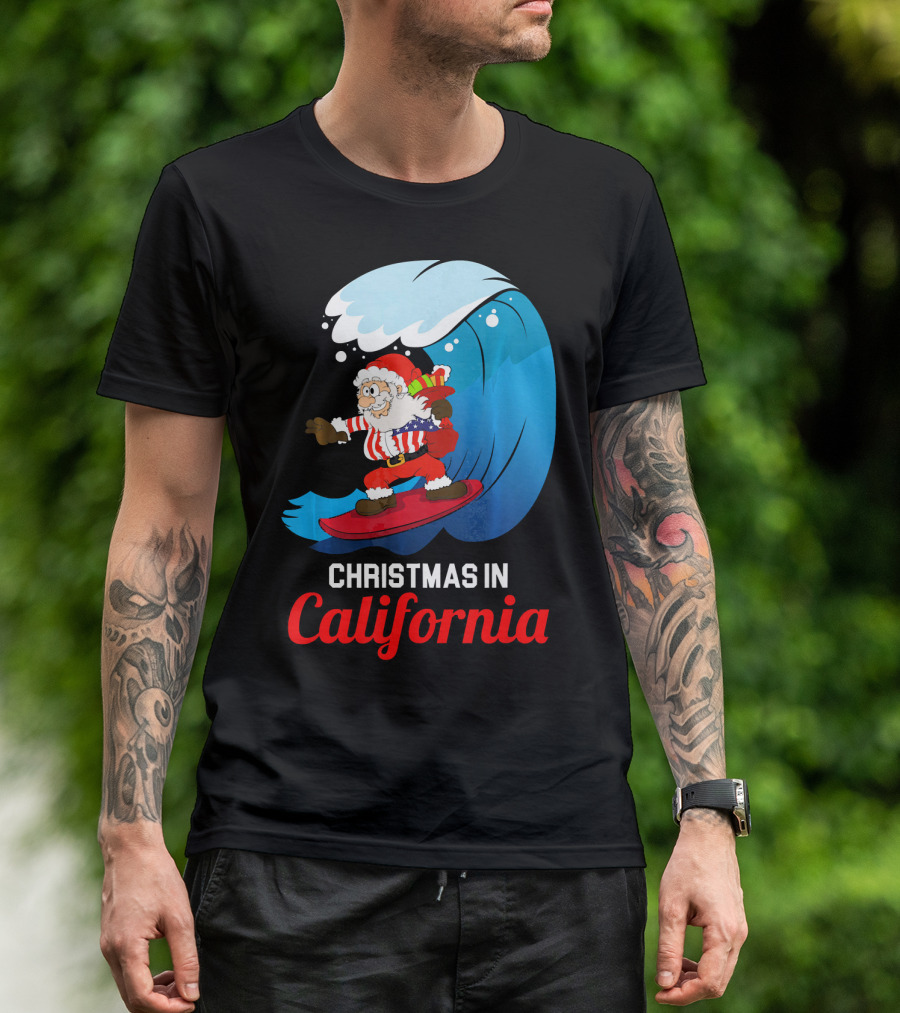 Santa Surfing Christmas In California T-Shirt