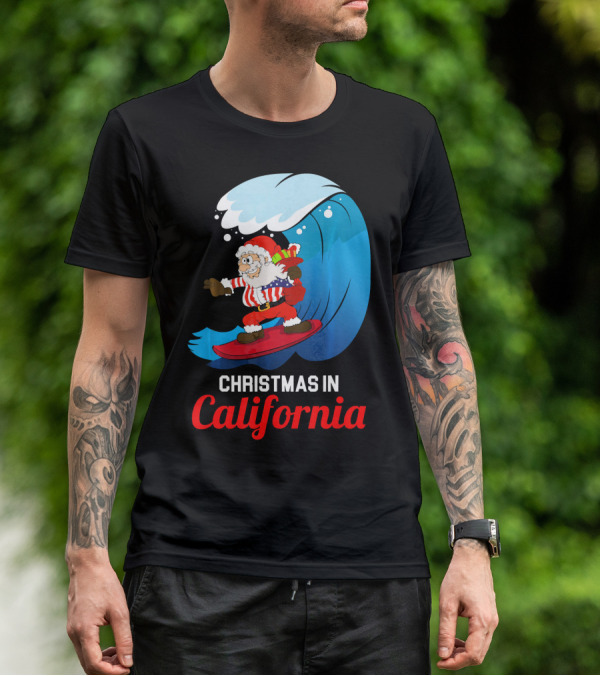 Santa Surfing Christmas In California T-Shirt
