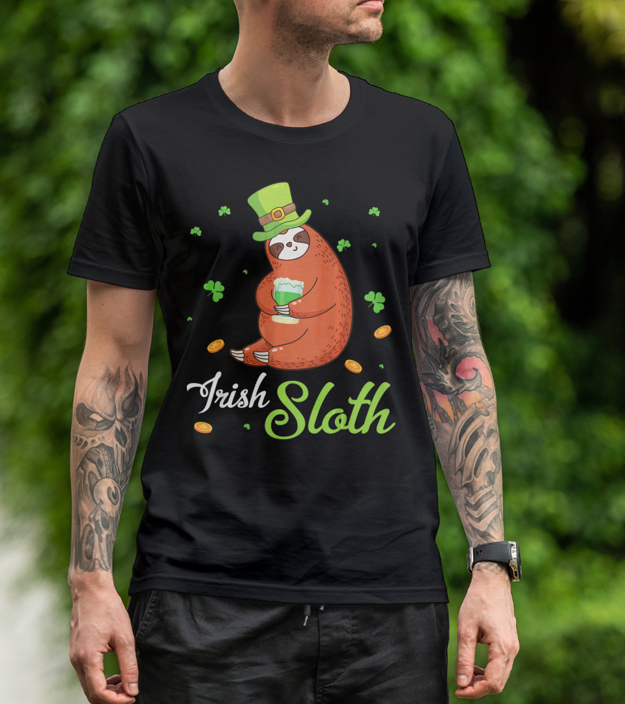 Irish Sloth Leprechaun Drinking Shamrocks Go T-Shirt
