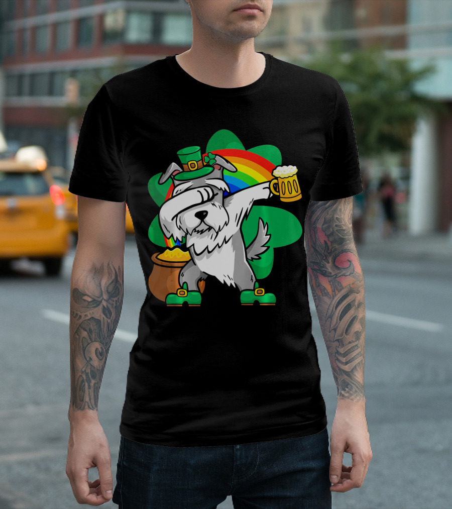 Funny Dabbing Schnauzer Leprechaun With Beer And Rainbow T-Shirt