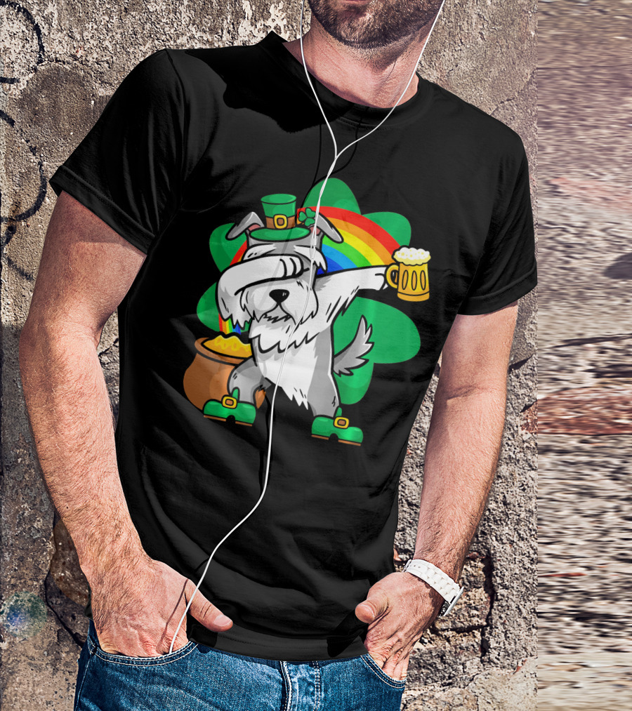 Funny Dabbing Schnauzer Leprechaun With Beer And Rainbow T-Shirt