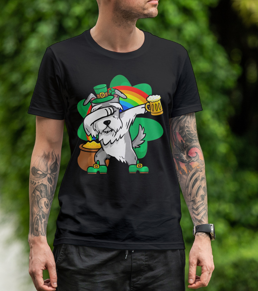 Funny Dabbing Schnauzer Leprechaun With Beer And Rainbow T-Shirt