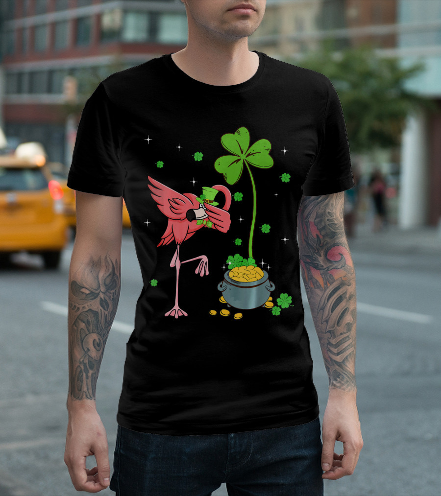Shamrock Leprechaun Flamingo St Patricks Pot of Gold T-Shirt