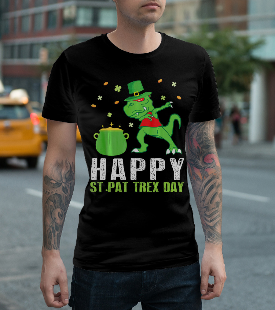 Happy St. Pat T-Rex Day Dinosaur Leprechaun Dabbing Pot Gold T-Shirt