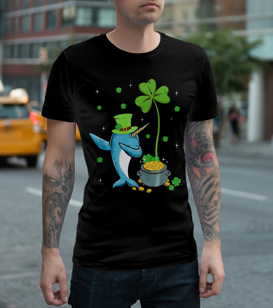 Shamrock Leprechaun Narwhal with Pot of Gold St Patricks T-Shirt