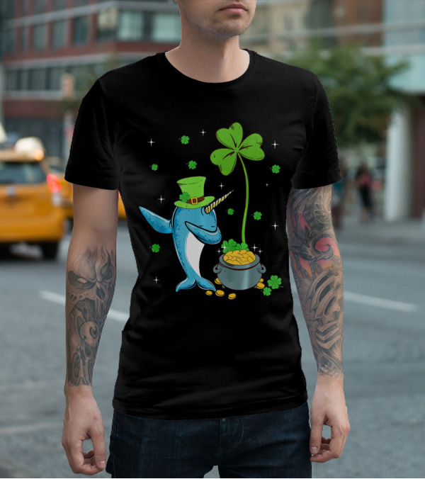 Shamrock Leprechaun Narwhal With Pot Of Gold St Patricks T-Shirt