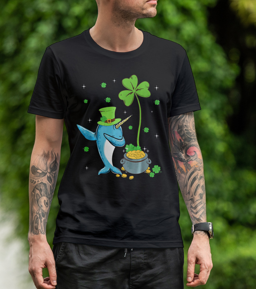 Shamrock Leprechaun Narwhal With Pot Of Gold St Patricks T-Shirt