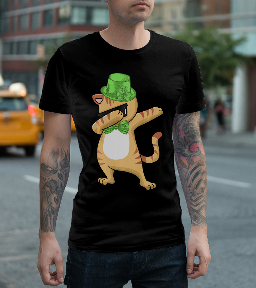 Dabbing Cat St Patricks Day Leprechaun Green Hat Clover Bow Tie T-Shirt