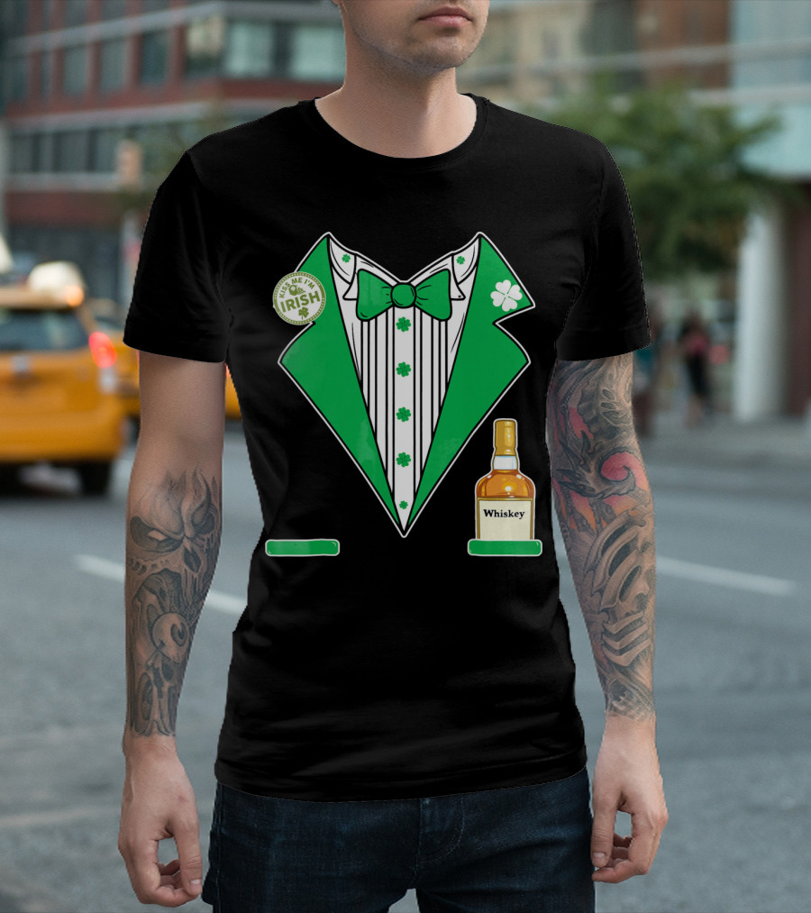Kiss Me I'm Irish St. Patrick's Day Tuxedo With Whiskey Bottle And Shamrock T-Shirt