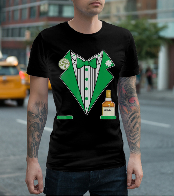 Kiss Me I'm Irish St. Patrick's Day Tuxedo With Whiskey Bottle And Shamrock T-Shirt
